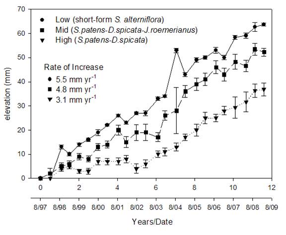Marsh
surface elevation in the VCR LTER site - 1997-2009